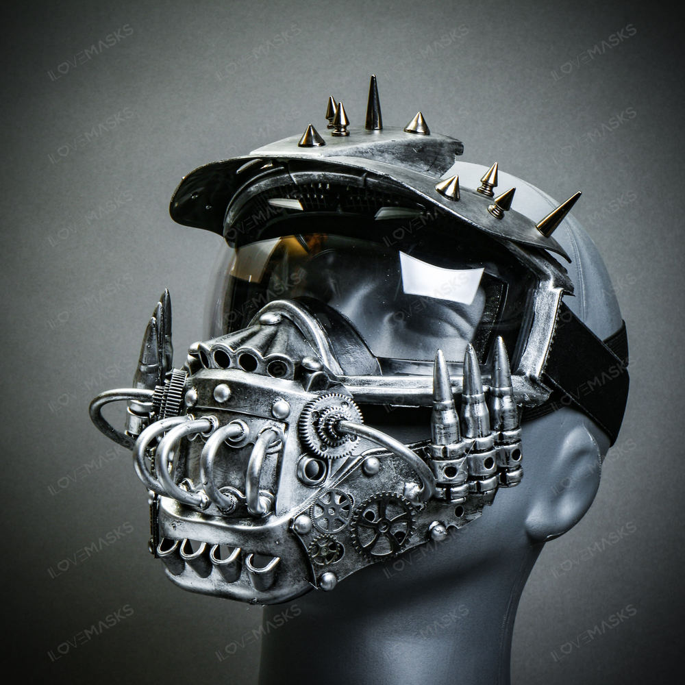 Silver Robot Mouth Cover Mask with Spike Ski Goggle Halloween Party Costume